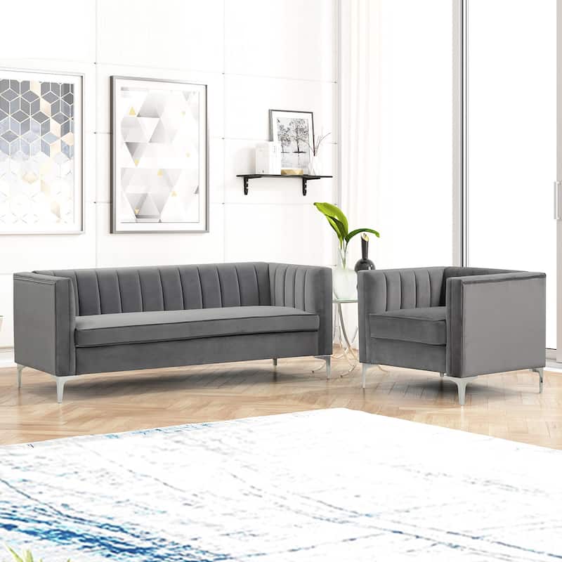 Morden Fort Modern 2 Pieces of Chair and Sofa Couch Set with Dutch Velvet Grey, Iron Legs - Grey