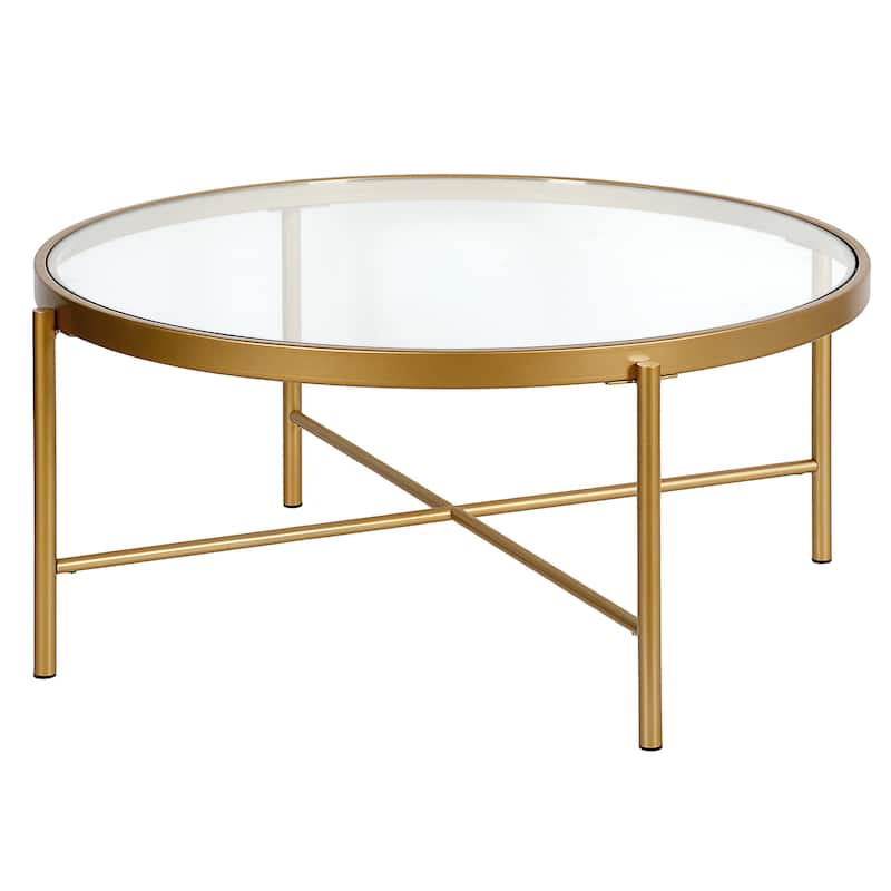 36 Inch Glass and Steel Round Coffee Table Modern Living Room - 36” x 36” x 16”