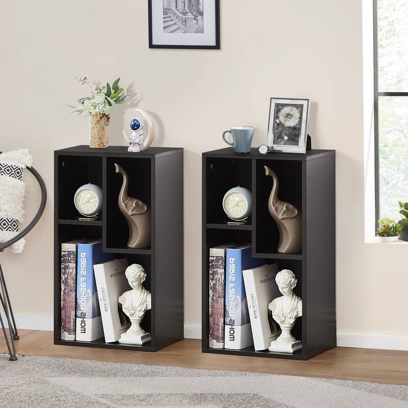 Bookshelves and Bookcases Set of 2, Floor Standing 3 Tier Display Storage Shelves, Small Bookcase for Home Office - 2 PACK - Black