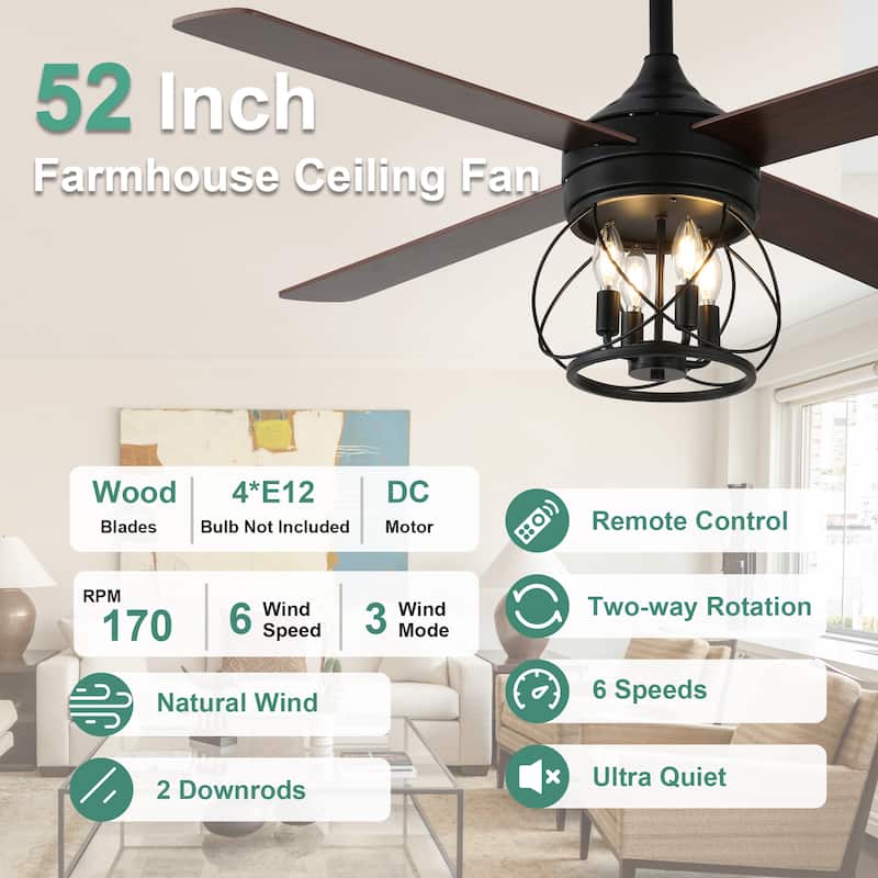 Cusp Barn 52" Modern Ceiling Fan with Light and Remote,Black 4-Light 6 Speeds Quiet Operation Reversible Caged Ceiling Fan