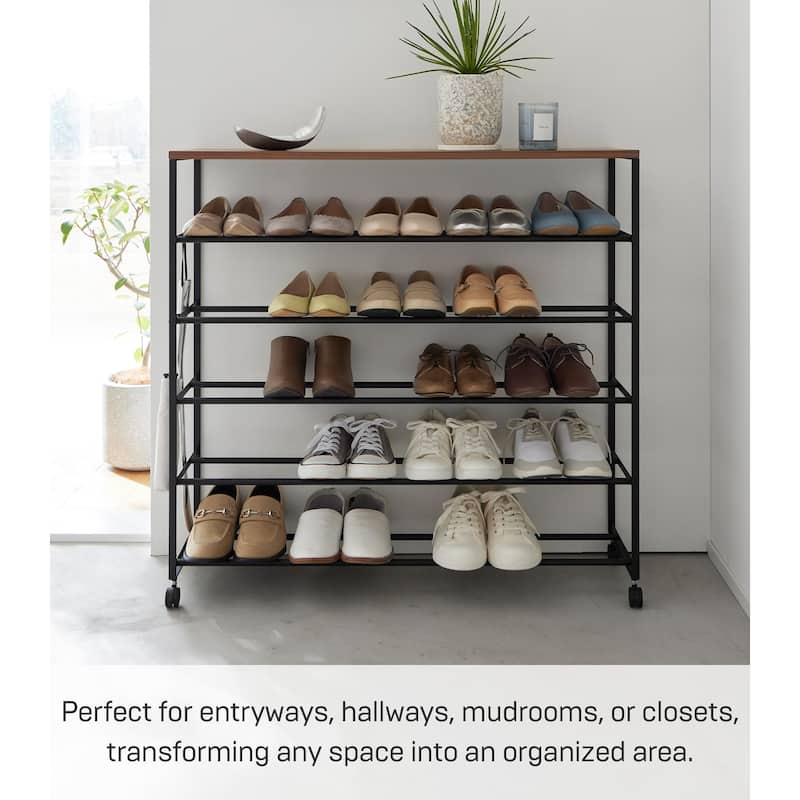 Yamazaki Home Rolling Five-Tier Shoe Rack, Steel and Wood, Wheels - L 10.24 x W 35.63 x H 34.25 inches