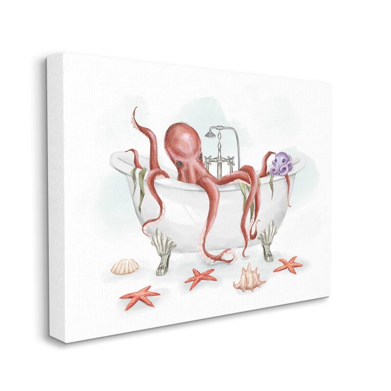 Stupell Red Octopus Nautical Claw Bath Sea Shells Canvas Wall Art - Grey - 30 x 40