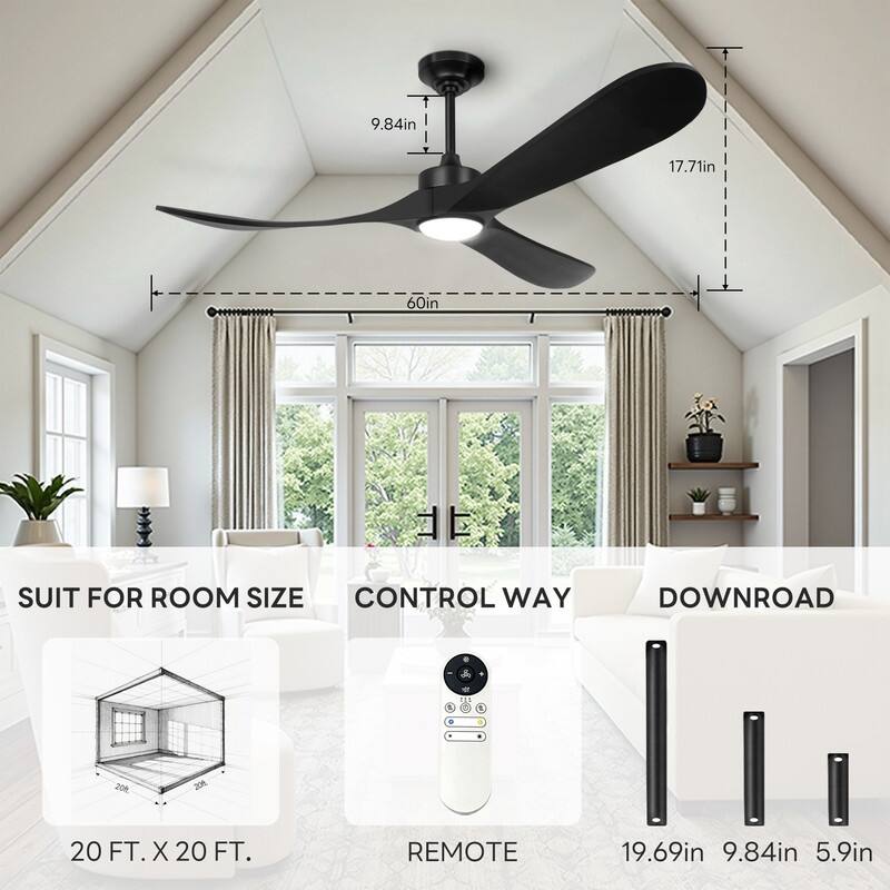 Indoor/Outdoor Ceiling Fan with Remote Control, 3-Blades Solid Wood Ceiling Fan for Bedroom Living Room