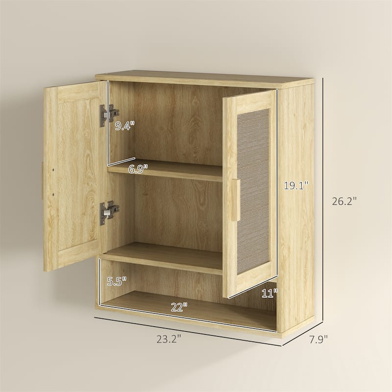 Distressed Oak Particleboard Wall Cabinet with Rattan Doors and Shelves - 23.2" W x 7.9" D x 26.2" H
