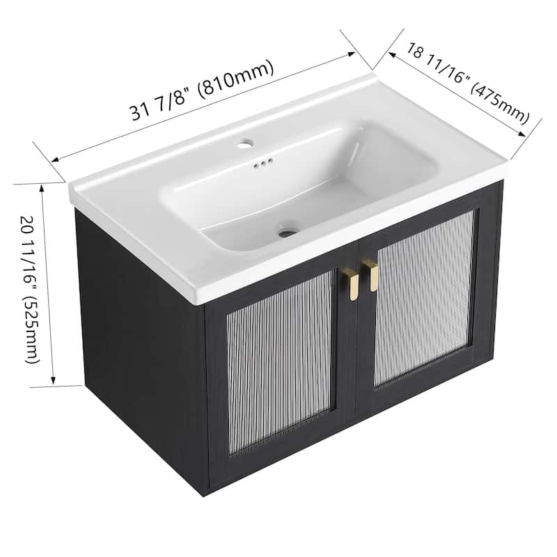 Malwee 28"/32" Floating Bathroom Vanity, Wall Mounted Bathroom Vanity with Ceramic Sink and Soft Close Door