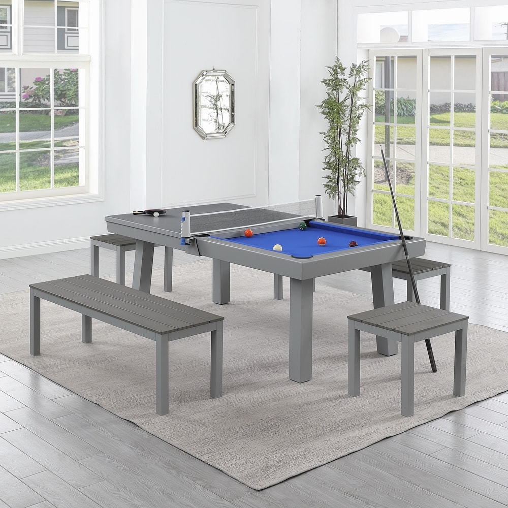 Laguna Indoor/Outdoor 8ft Slate Pool Table 6-Seater Dining Set with 4 Benches & Accessories, Cement Finish