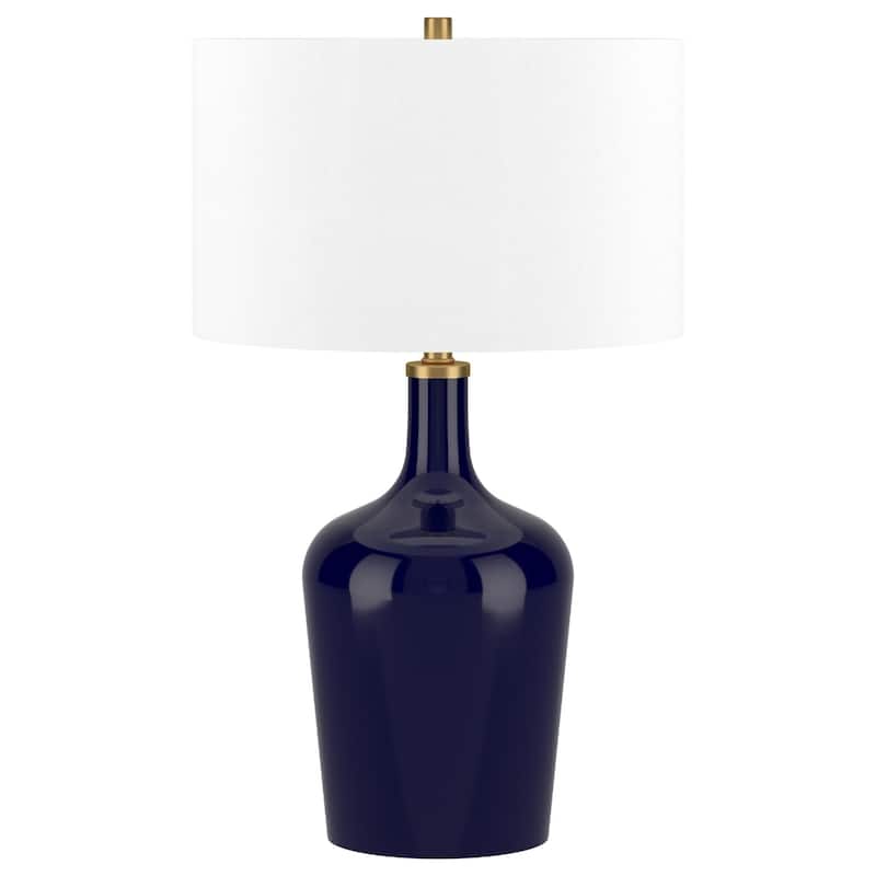 White Glass Urn Table Lamp with Linen Drum Shade and Rotary Switch - 15” x 15” x 25” (D x W x H) - Blue