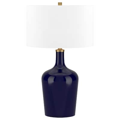 White Glass Urn Table Lamp with Linen Drum Shade and Rotary Switch - 15” x 15” x 25” (D x W x H)