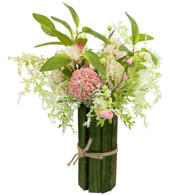 Hydrangea and Berry Floral Spring Bouquet - 14" - Pink and Green