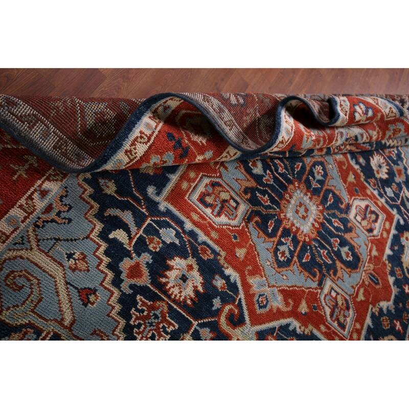 Blues & Orange Heriz Serapi Indian Area Rug Hand-Knotted Wool Carpet - 7'7" x 9'11"