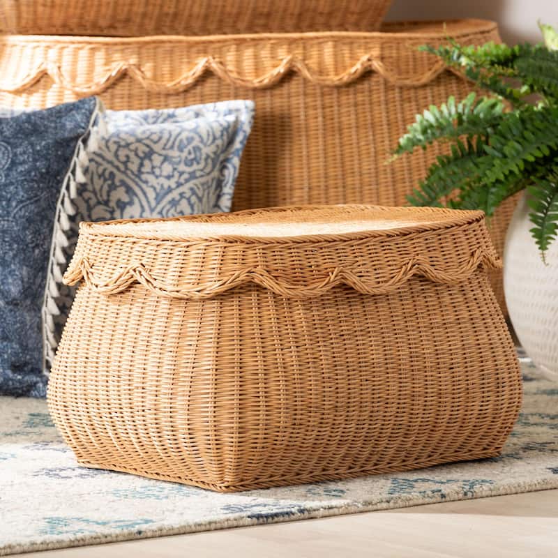 Ayleen Natural Rattan Basket with Scalloped Lid - Handwoven Wicker Storage Box, Boho Coastal Home Décor