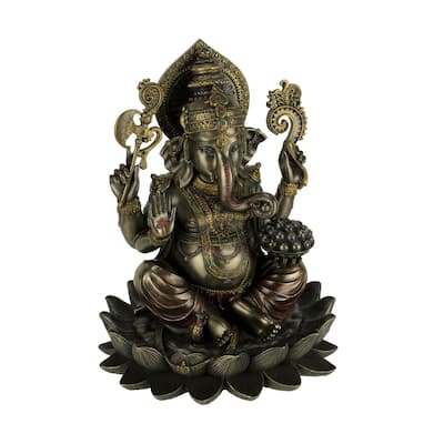 Bronze Finish Ganesha Seated On Lotus Holding Sacred Objects Statue - 10.25 X 6.875 X 8.25 inches