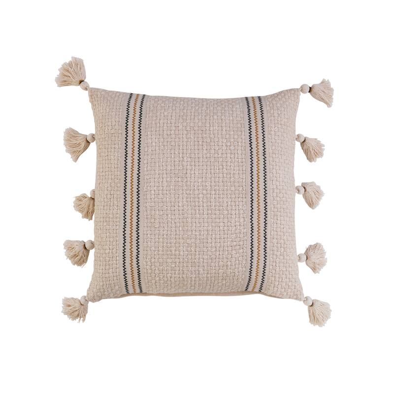Woven Cotton Pillow with Embroidery and Tassels - Polyester - Single - 18.0"L x 18.0"W x 0.5"H - Accent - Multi