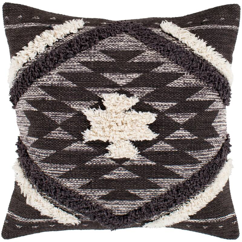 Katherine Black & Cream Boho Shag Feather Down Throw Pillow (22" x 22")