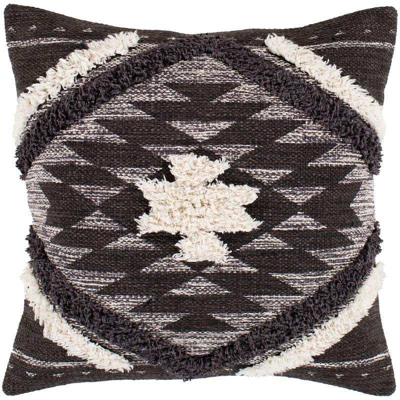 Katherine Black & Cream Boho Shag Throw Pillow Cover (22" x 22")