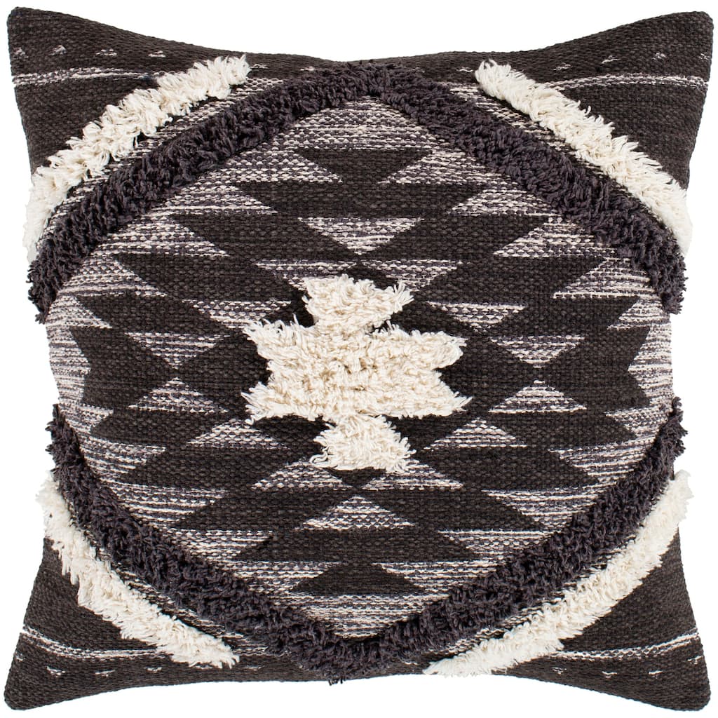 Katherine Black & Cream Boho Shag Throw Pillow Cover (22" x 22")