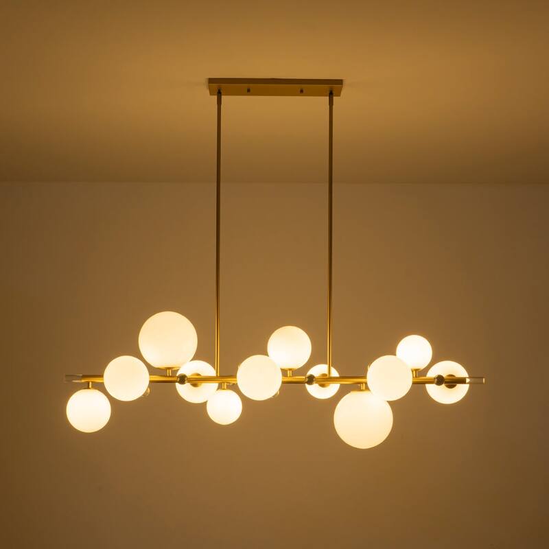 Mid-Century Luxe Milky Glass Globe Linear Chandelier Crystal Accents