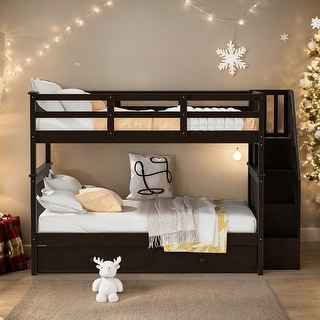 Simple Full Over Full Bunk Bed With Twin size Trundle,Storage and Guard Rail