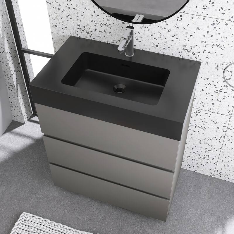 Freestanding Bathroom Vanity with Black Solid Surface Top