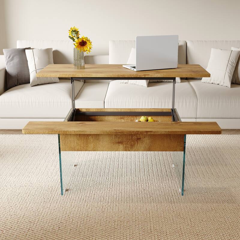 Anmytek Lift Top Coffee Table with Storage Wood Texture Modern Convertible Desk for Small Space Living Room