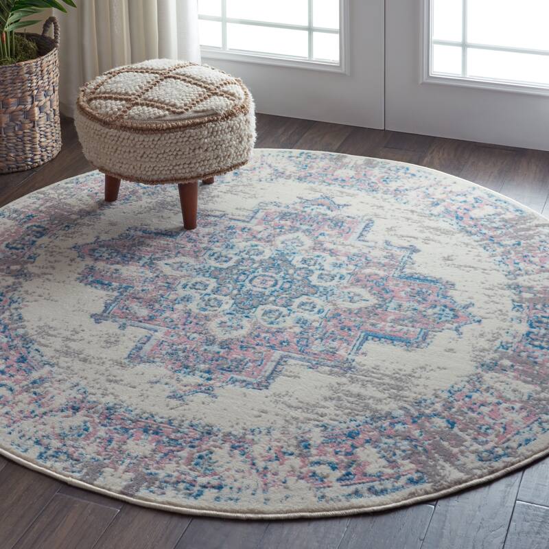Nourison Grafix Distressed Vintage Medallion Area Rug - 5'3" Round - Ivory/Pink