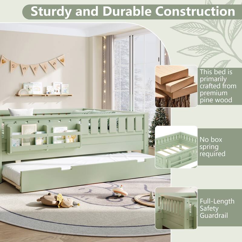 Roomfitters Floor Bed with Bookshelf and Trundle, Low Profile Frame with Step Entry