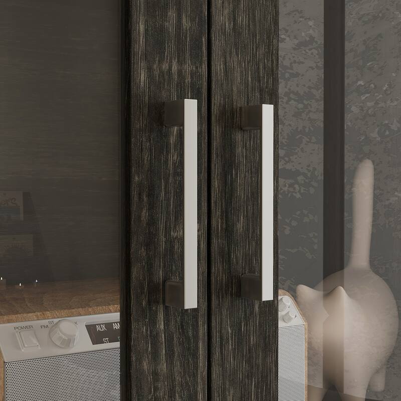 Modular Glass Door Bookcase Wall Unit with Storage Cabinets and Drawers, Dark Oak Display Hutch for Living Room or Home Office