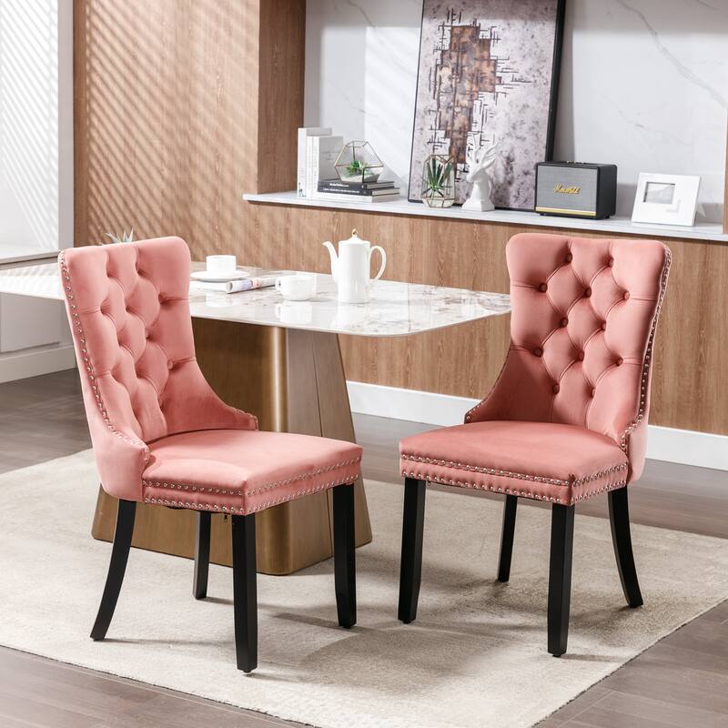 GDF Studio-Nikki Modern Wood Velvet Upholstered Dining Chair with Tufted Design, Nailhead Trim, 2-Pcs Set - Pink