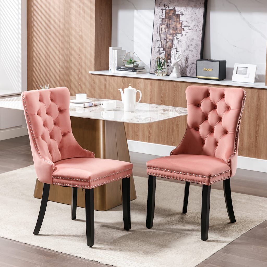 Tufted Velvet Upholstered Dining Chairs 2-pcs Set, Solid Wood Cushion Seats Bistro Chair, Pink Chairs with Nailhead Trim