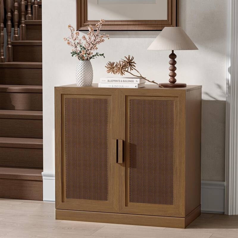 31"H Classic Storage Cabinet with Adjustable Shelves with Rattan Doors - Brown