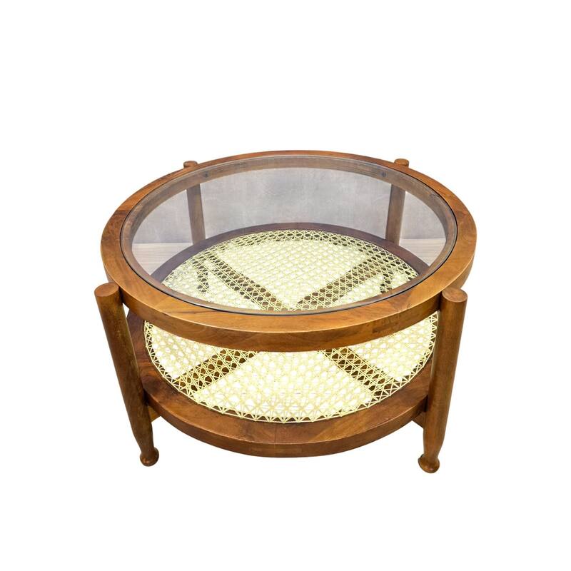 30" Hyacinth Round Coffee Table with Shelf - Elegant Glass Top and Wooden Frame Storage Table