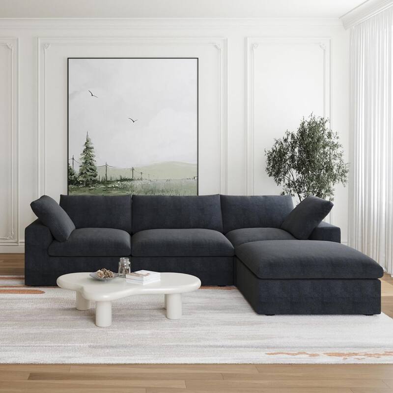 L-shape Linen Sectional Sofa Upholstered Sofa Multiple Cushions Couch with Storage Ottoman