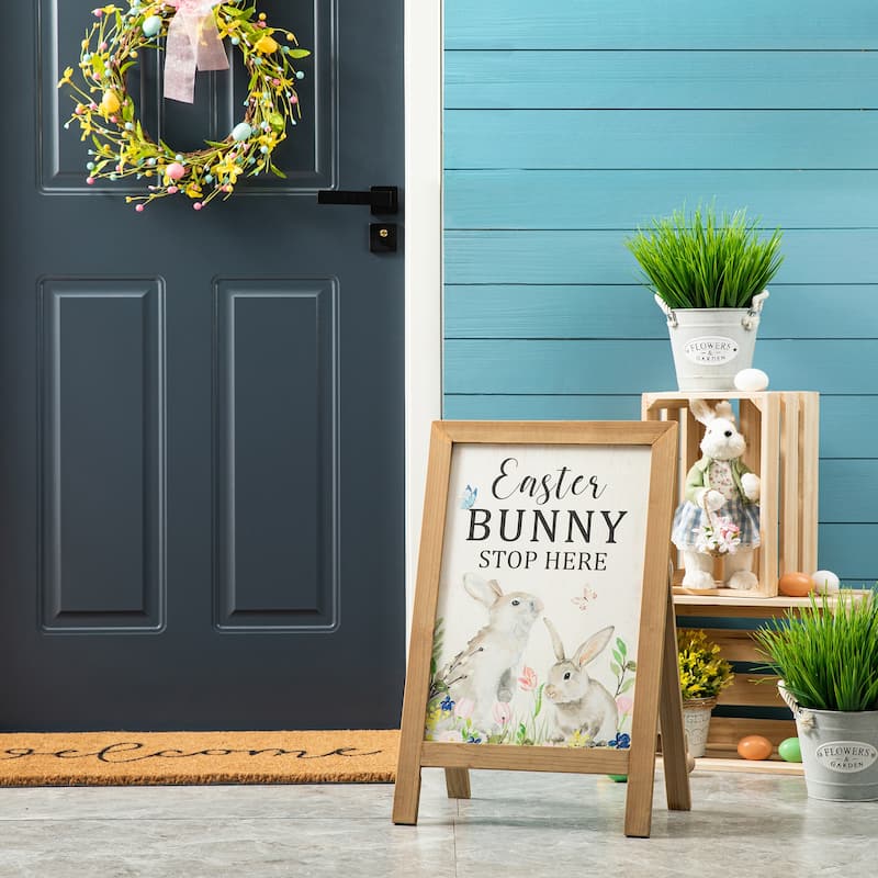 Glitzhome 24"H Easter Wooden Bunny Easel Porch Sign Wall Hanging Outdoor Indoor Decor