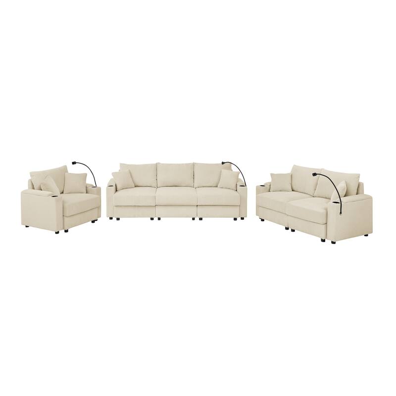 1+2+3 Seater Sofa Set Deep Seat Corduroy Upholstered Storage Couch with Removable Cushions, Cup Holders and Phone Stands