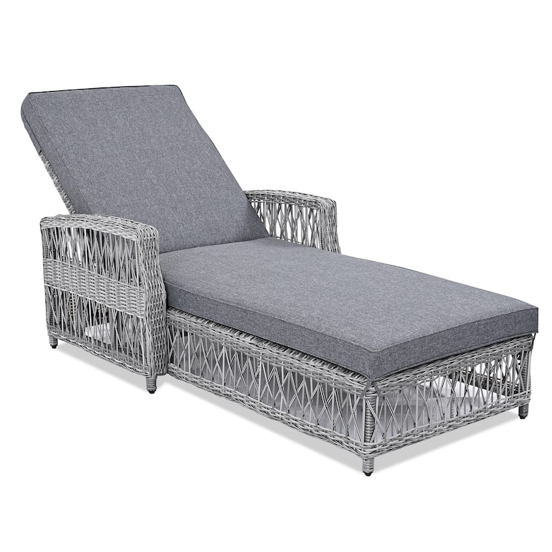 2 Pieces Long Reclining Chaise, Outdoor Wicker Lounge with Armrests, Patio Adjustable Recliner