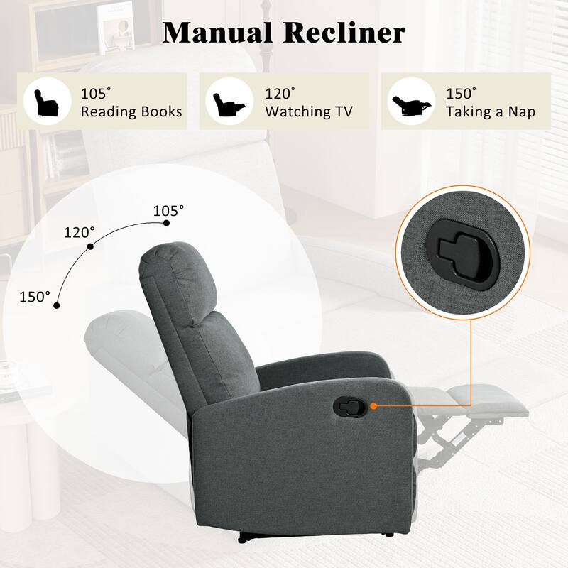 Manual Upholstered Recliner Chair, Modern Recliner Adjustable Single Sofa Chair, High Back Lounge Chairs for Living Room