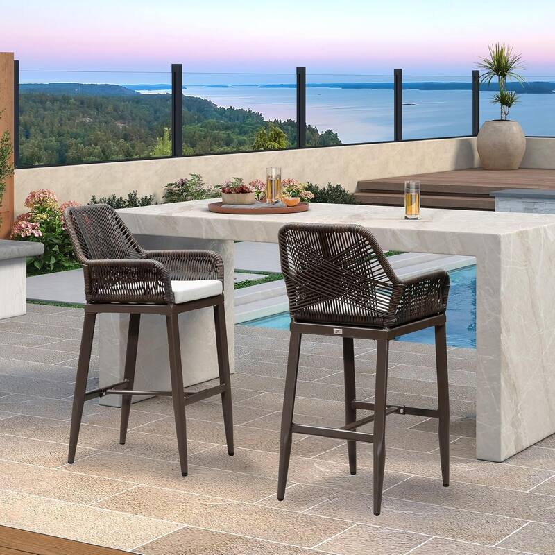 PURPLE LEAF Outdoor Bar Stools Chair Set of 2, All Weather Rattan and Aluminum Patio Bar Stool with Cushion