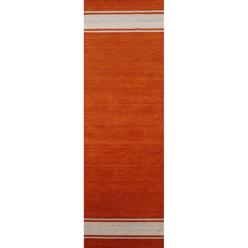 Hand Knotted Oriental 100% Wool Carpet Tribal Stripe Oranges & Rust Gabbeh Runner Rug - 10' 9'' X 2' 6''