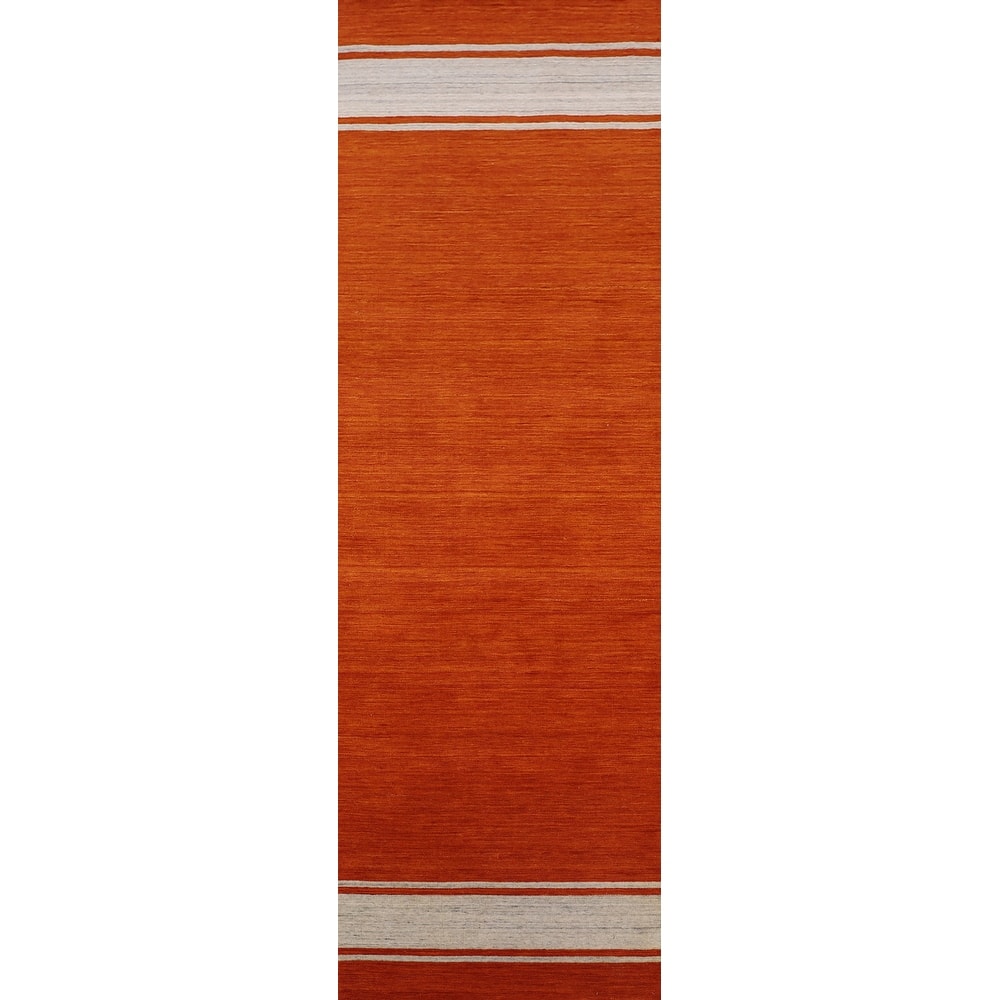 Hand Knotted Oriental 100% Wool Carpet Tribal Stripe Oranges & Rust Gabbeh Runner Rug - 10' 9'' X 2' 6''