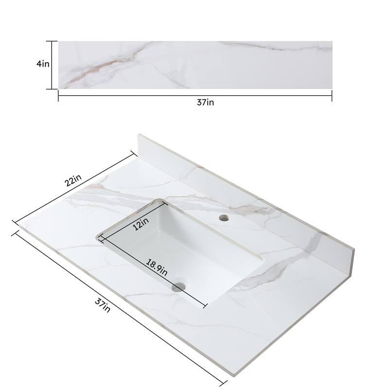 37" Bathroom Vanity Top Stone Carrara Gold Tops with Undermount Ceramic Sink Single Faucet Hole