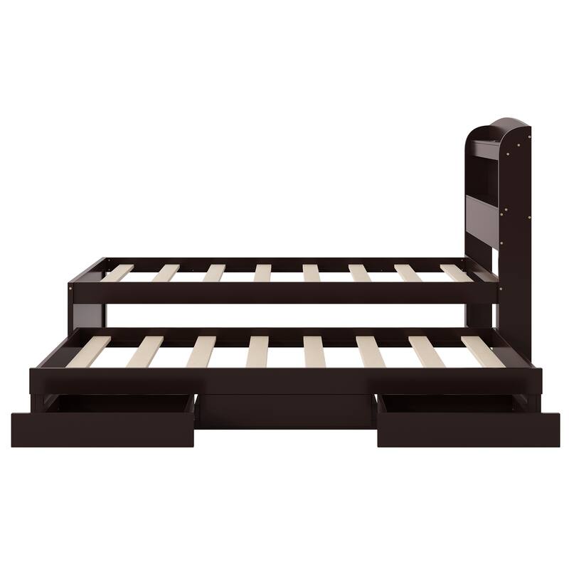 Solid Pine Twin XL Size Platform Bed with Trundle Bed and 2 Drawers, LED Storage Headboard with Charging Station