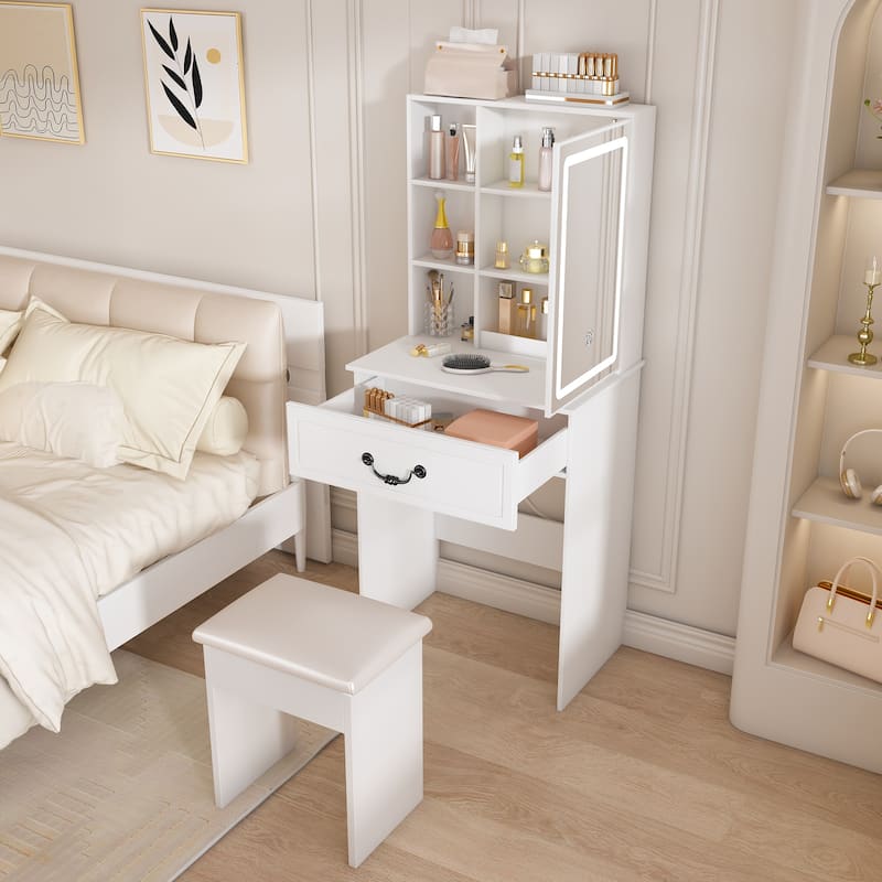 Modern Mini Dressing Table with LED-lit Mirror & Hidden Storage,Includes Padded Stool,Multi-tier Dust-proof Shelves
