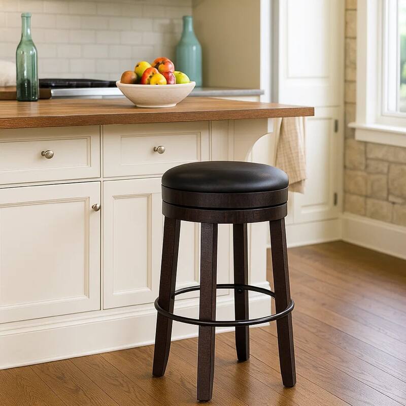 Flint Swivel Barstool Set of 2, Black Faux Leather, Dark Brown Wood