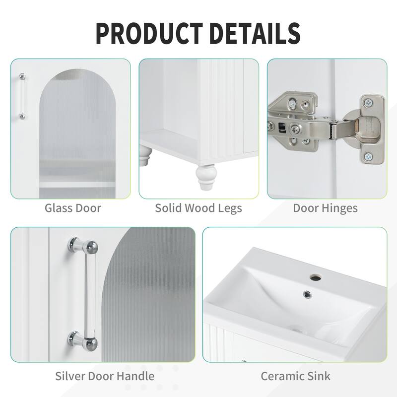 20" Small Bathroom Vanity with Ceramic Sink, Glass Door Bathroom Storage Cabinet with Toilet Paper Holder & Shelf, White