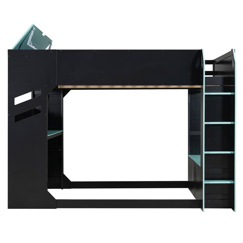 Full Size Loft Bed with Desk and RGB Lights, Wood Storage Bed with Drawers