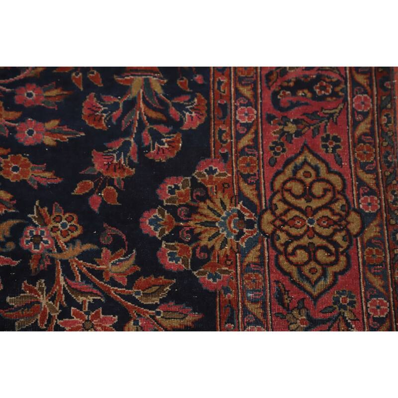 Hand Knotted Oriental 100% Wool Carpet Traditional Floral Navy Blue & Blues Kashan Area Rug - 4' 11'' X 3' 6''