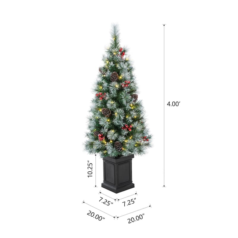 Glitzhome 4ft/5ft/6ft Pre-Lit Pine Artificial Christmas Tree in Pot with Lights and Red Berries for Porch Decor