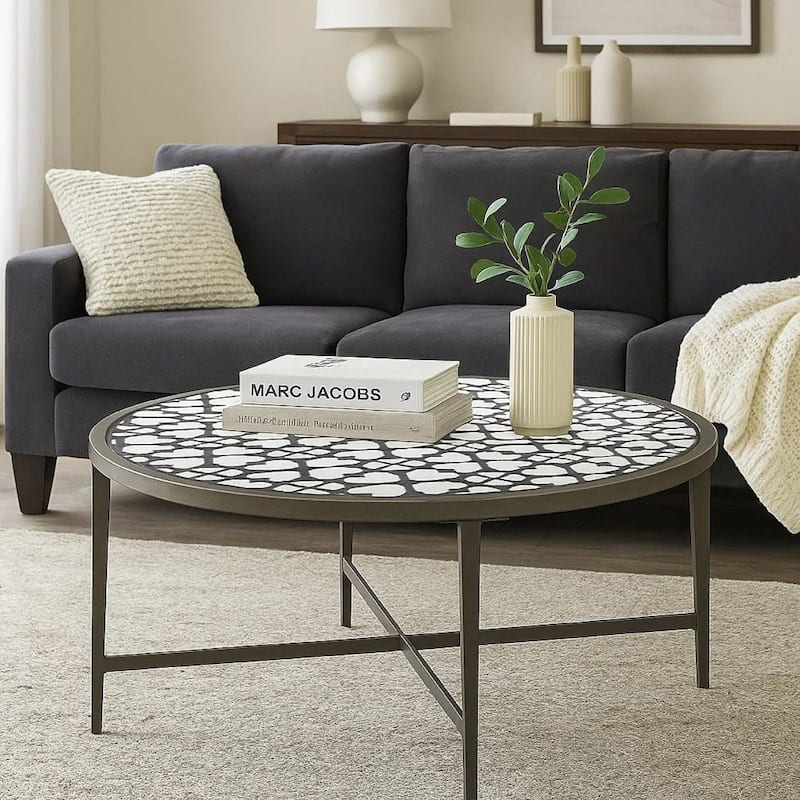Round Glass Top Coffee Table with X Support Metal Base, Silver