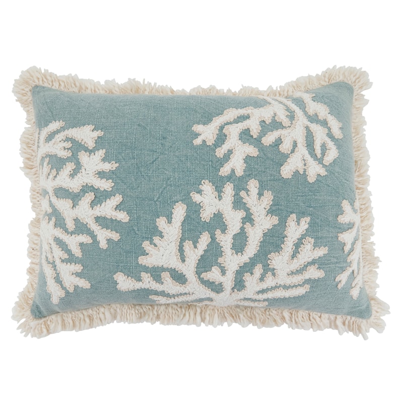 Embroidered Coral Fringe Cotton Throw Pillow - Coastal Coral Design for Sofa, Bed & Accent Styling, 14"x20" - Blue-Grey - 14"x20" - Cover Only