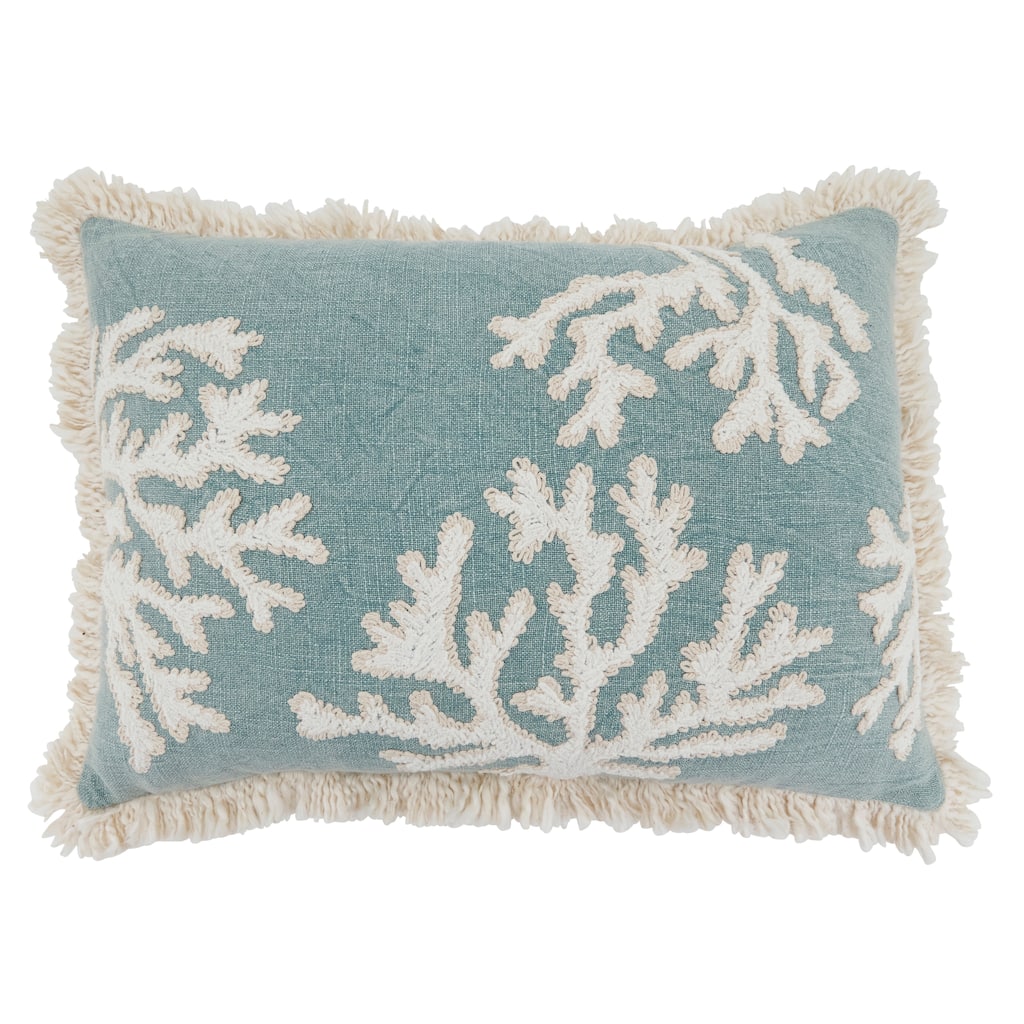 Embroidered Coral Fringe Cotton Throw Pillow - Coastal Coral Design for Sofa, Bed & Accent Styling, 14"x20"